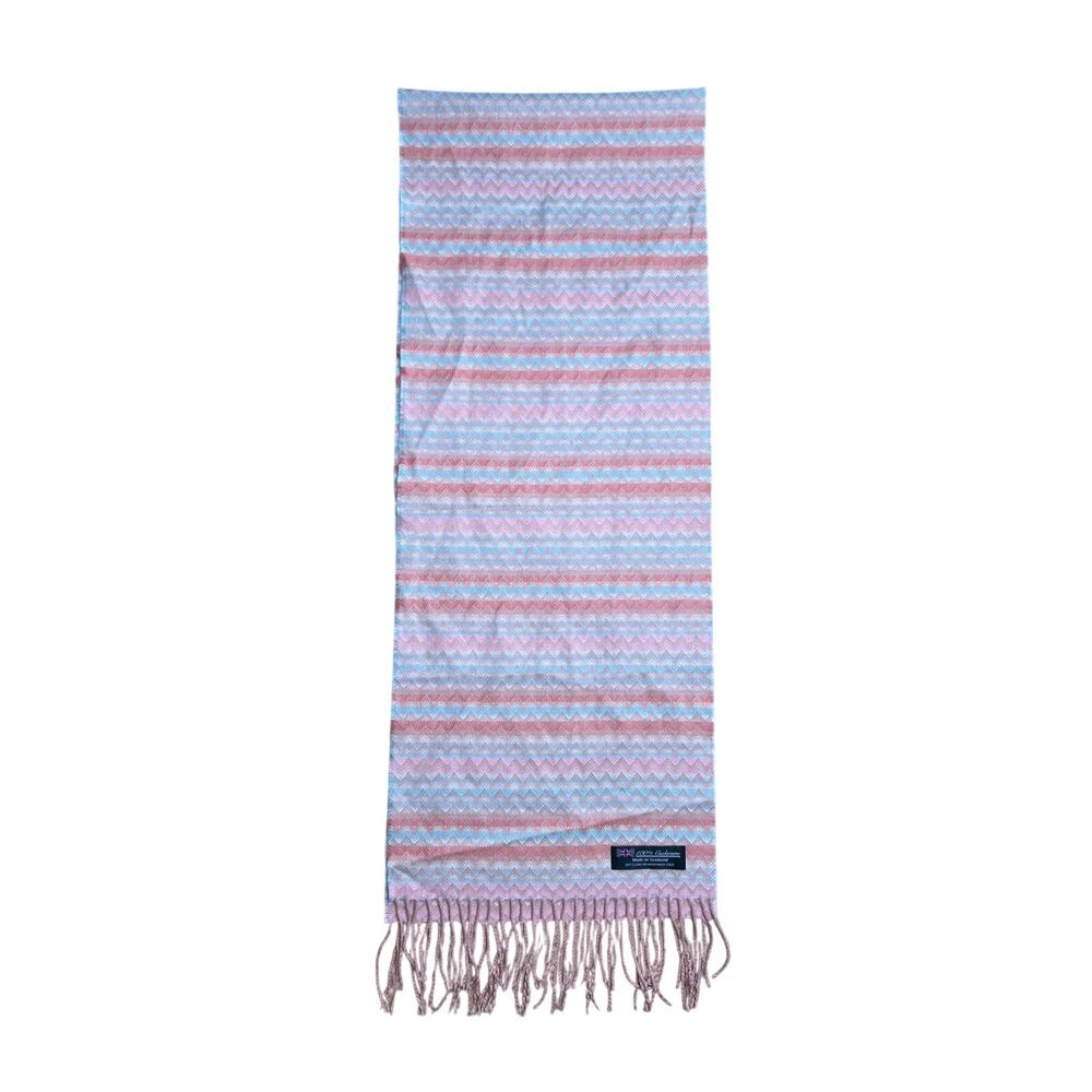 100% Cashmere Scarf Chevron Design Peach Pink Blue Made in England
